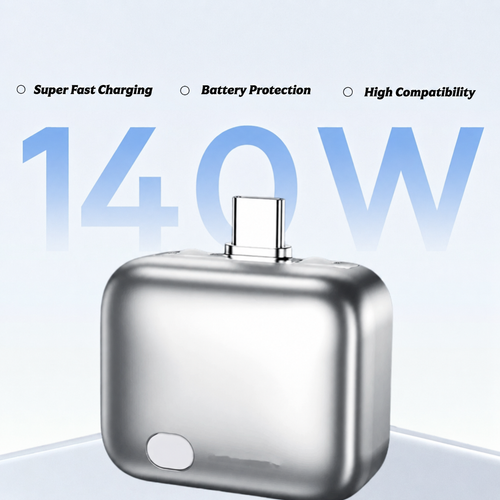 Silver charging device with '140W' text on a light blue background