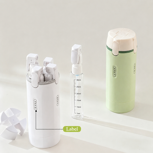 Set of skincare products including a green bottle, white containers with pumps, and a measuring device on a light background.