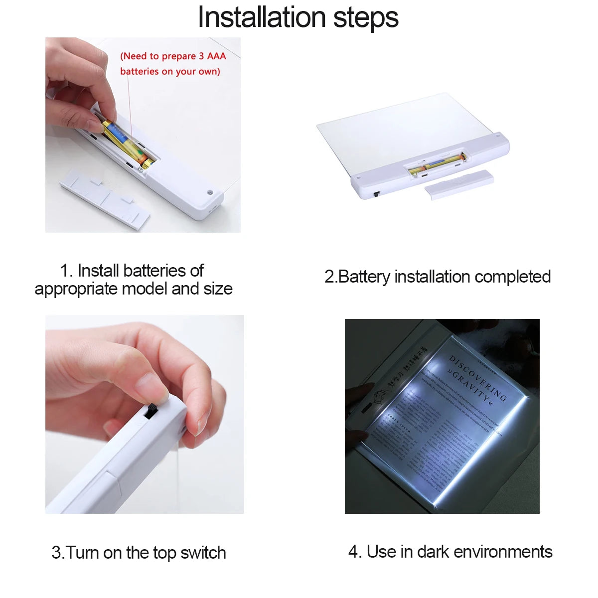 Step-by-step guide on installing batteries and using a device in dark environments.