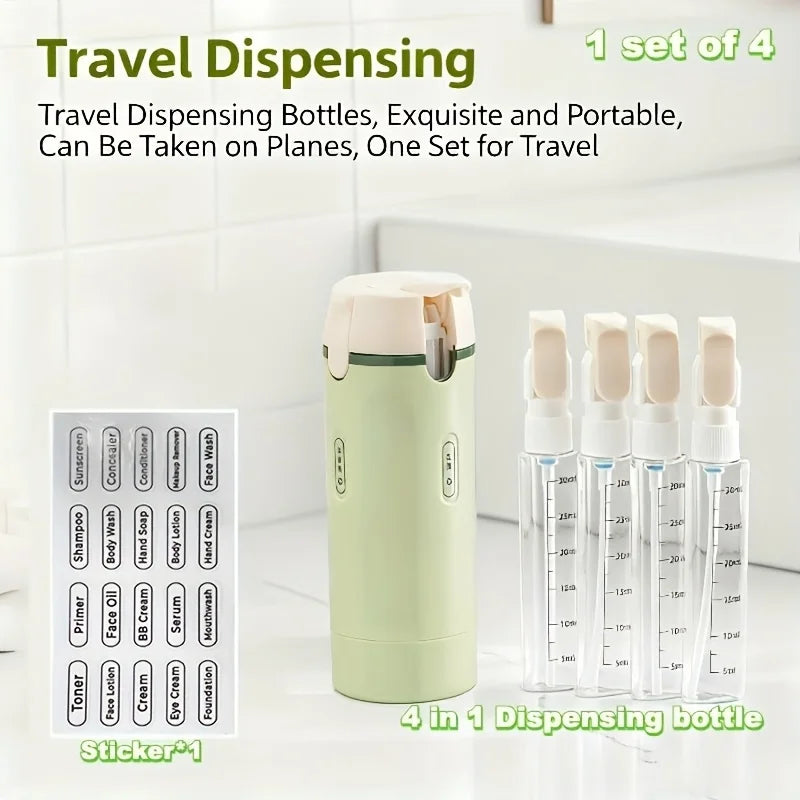 Travel dispensing bottles set with a green dispenser and clear bottles on a white background.