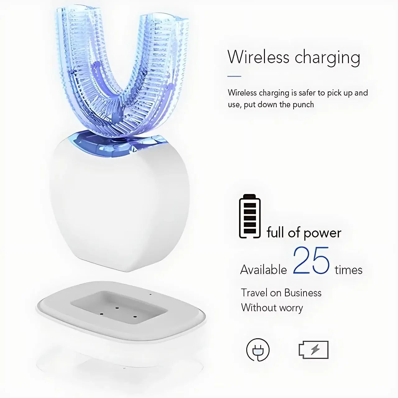 U-shaped dental device with wireless charging feature on a white background
