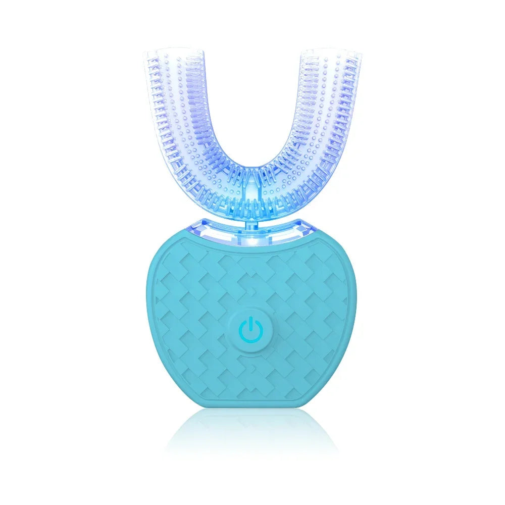 Turquoise dental device with blue light on a white background
