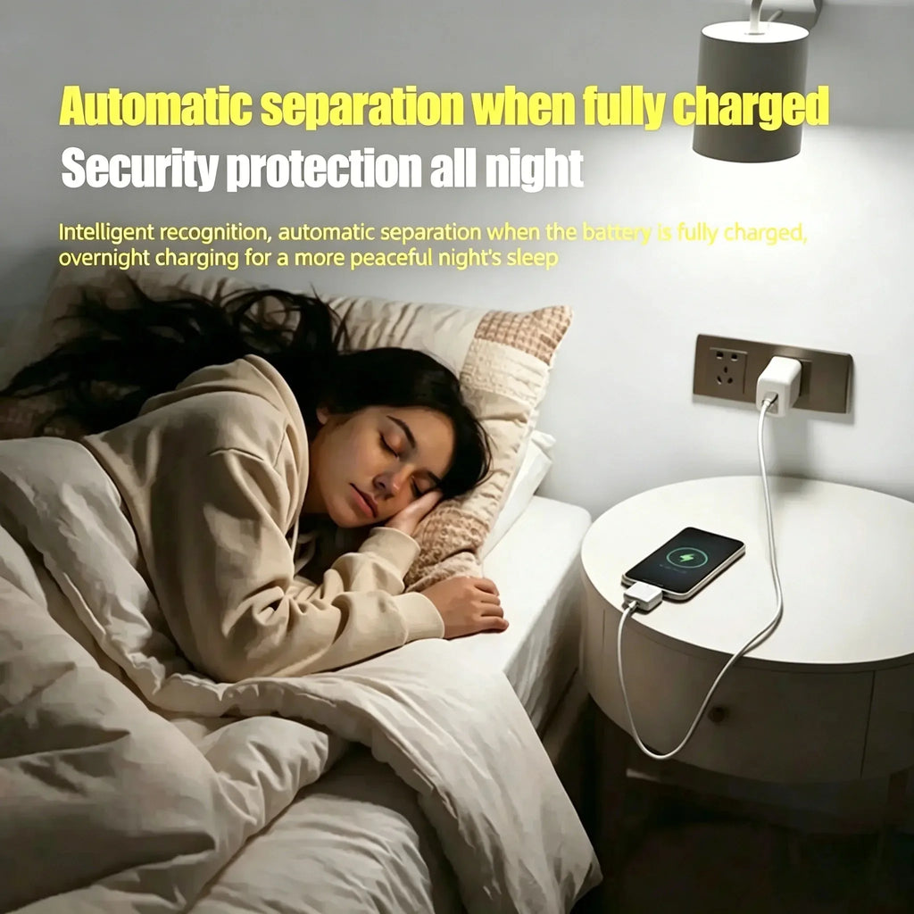 Woman sleeping in bed with a phone charging on a nightstand, text about battery protection and separation.