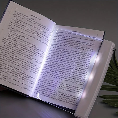 Open book with a light illuminating the text on a dark background