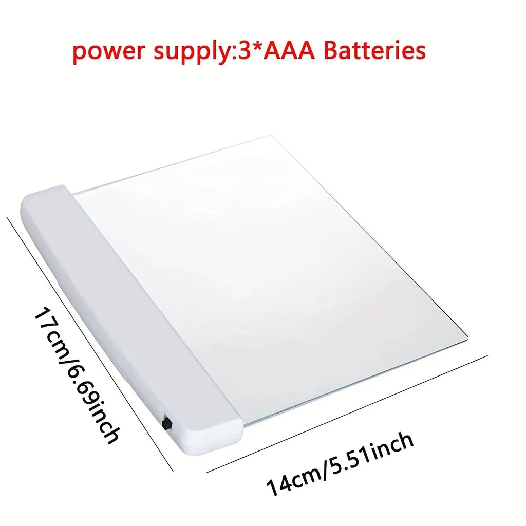 Rectangular light pad with dimensions and power supply information on a white background