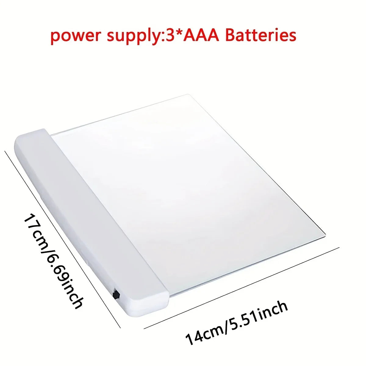 Rectangular light pad with dimensions and power supply information on a white background