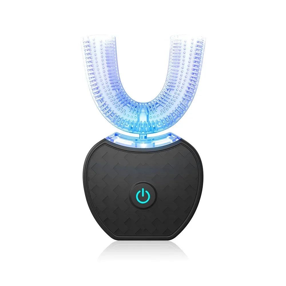 Black dental device with blue light on a white background