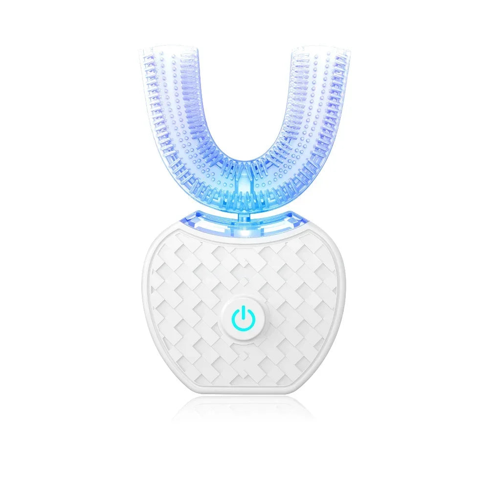 White dental device with blue light on a white background