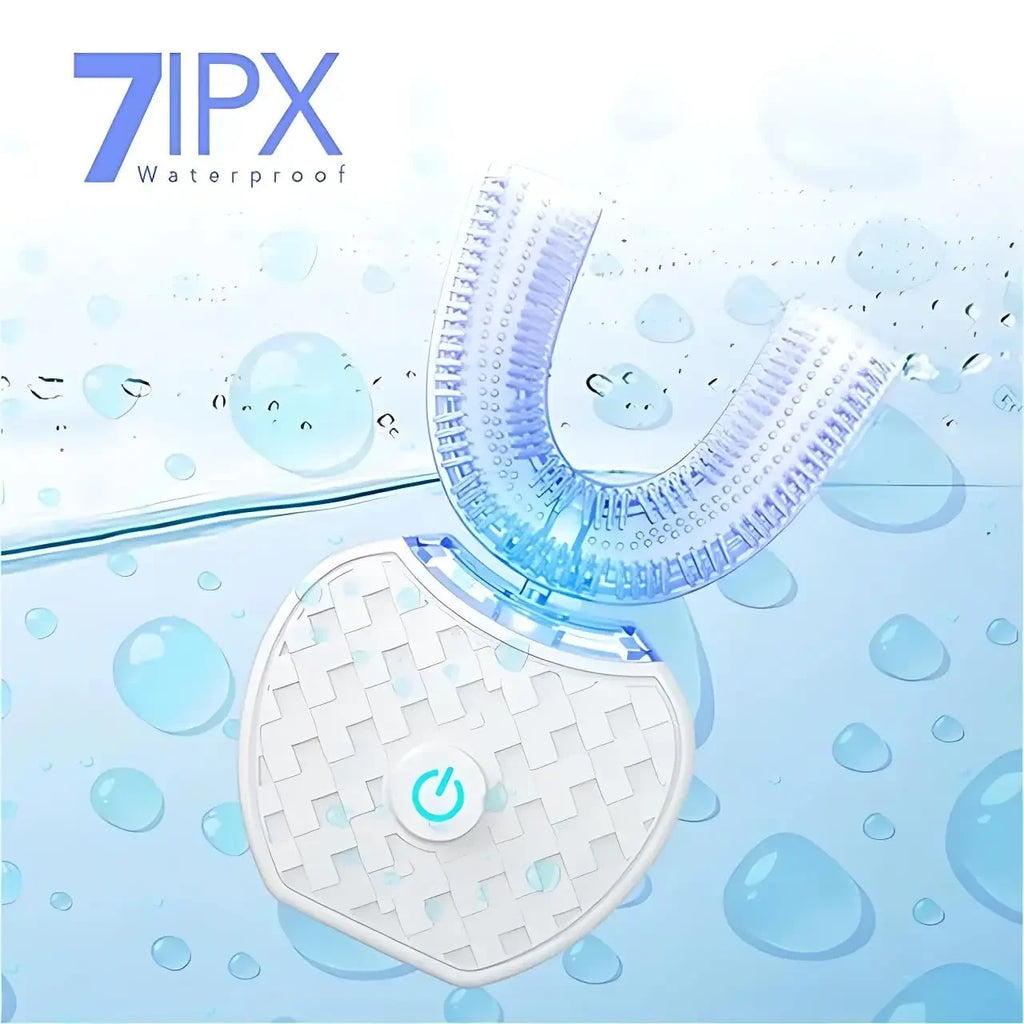 7IPX waterproof dental device on a light blue background with water droplets.