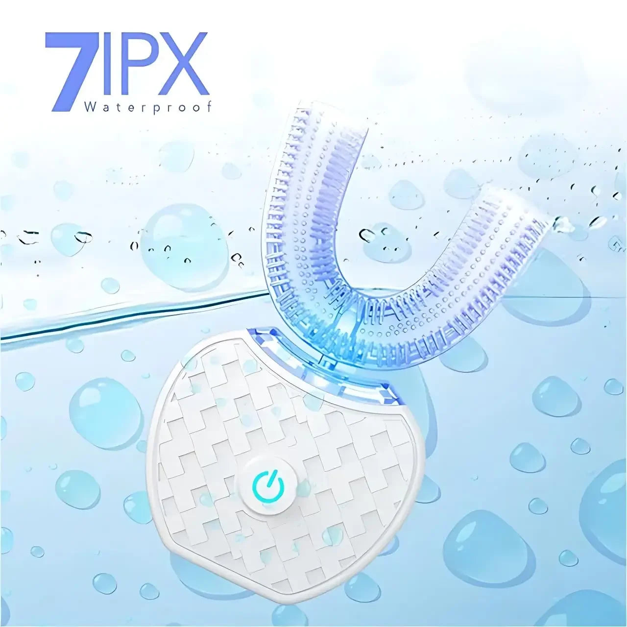 7IPX waterproof dental device on a light blue background with water droplets.