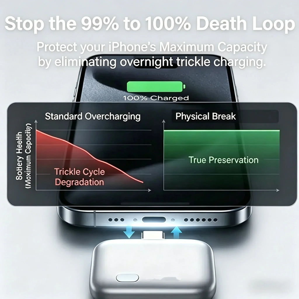 Smartphone with charging cable and battery health diagram on a white background