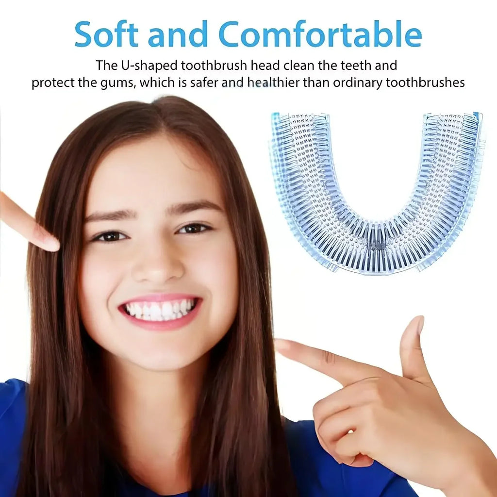 Woman pointing to a U-shaped toothbrush head with text about its benefits on a white background
