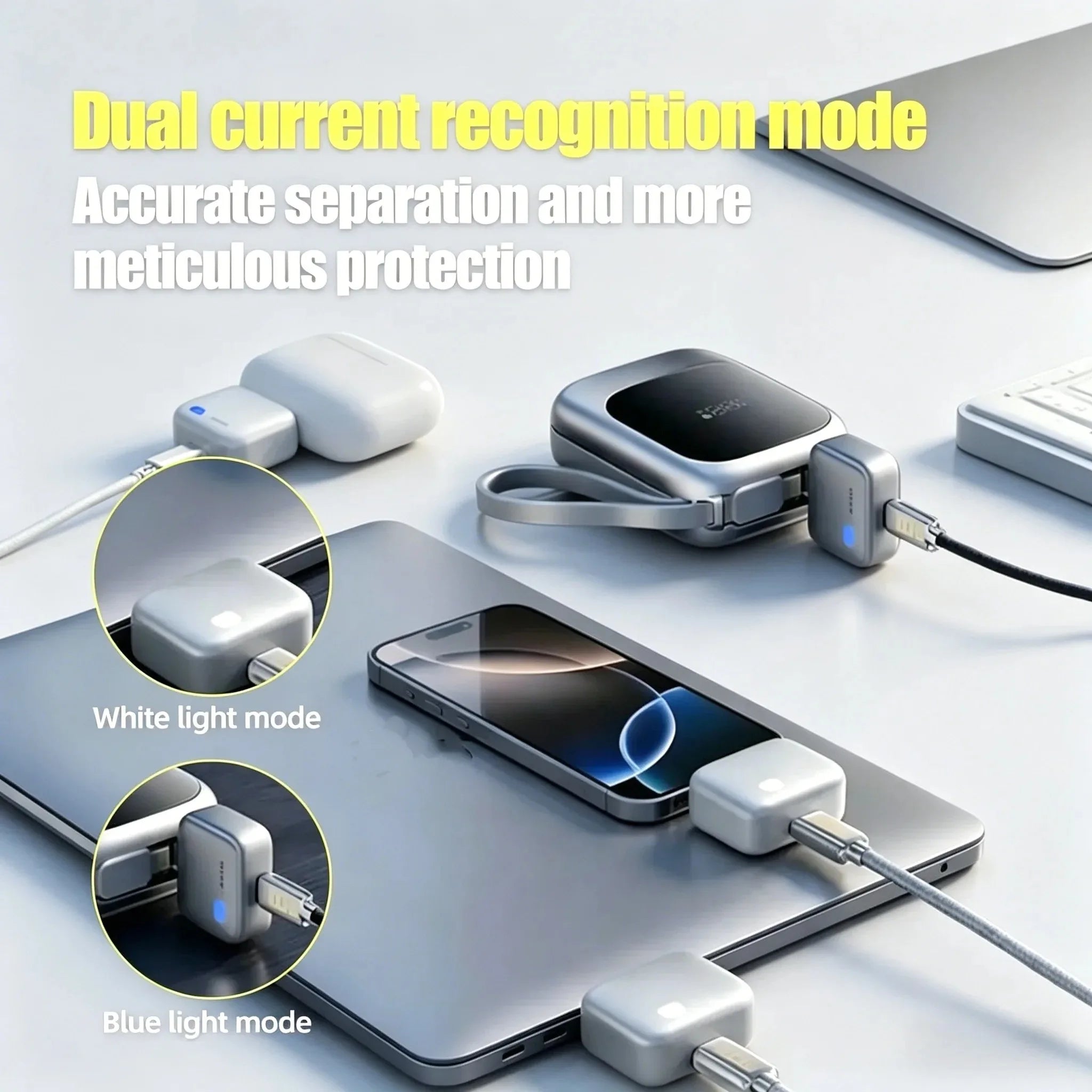 Multiple electronic devices being charged with text about dual current recognition mode.