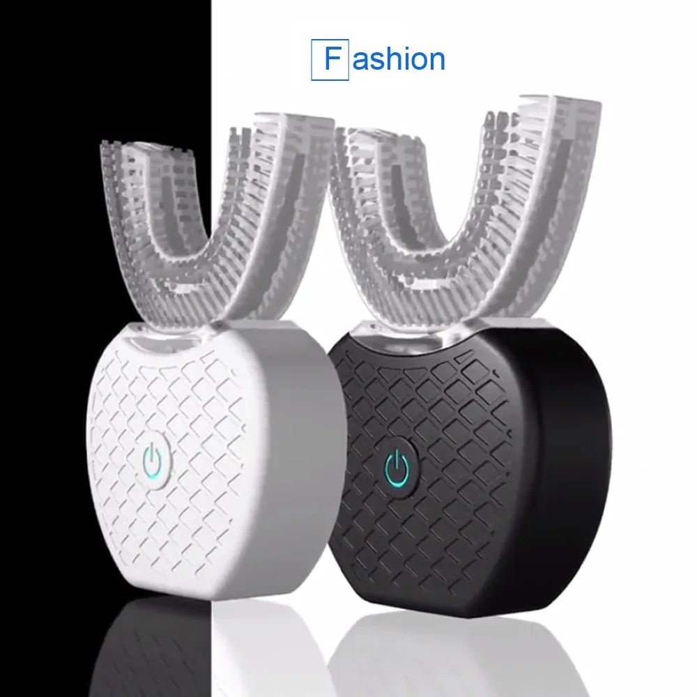 Two dental ultrasonic toothbrushes, one white and one black, on a reflective surface with 'Fashion' branding above.
