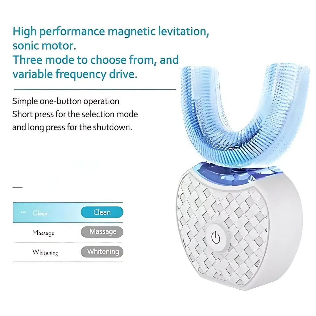 White and blue dental cleaning device with text on a white background